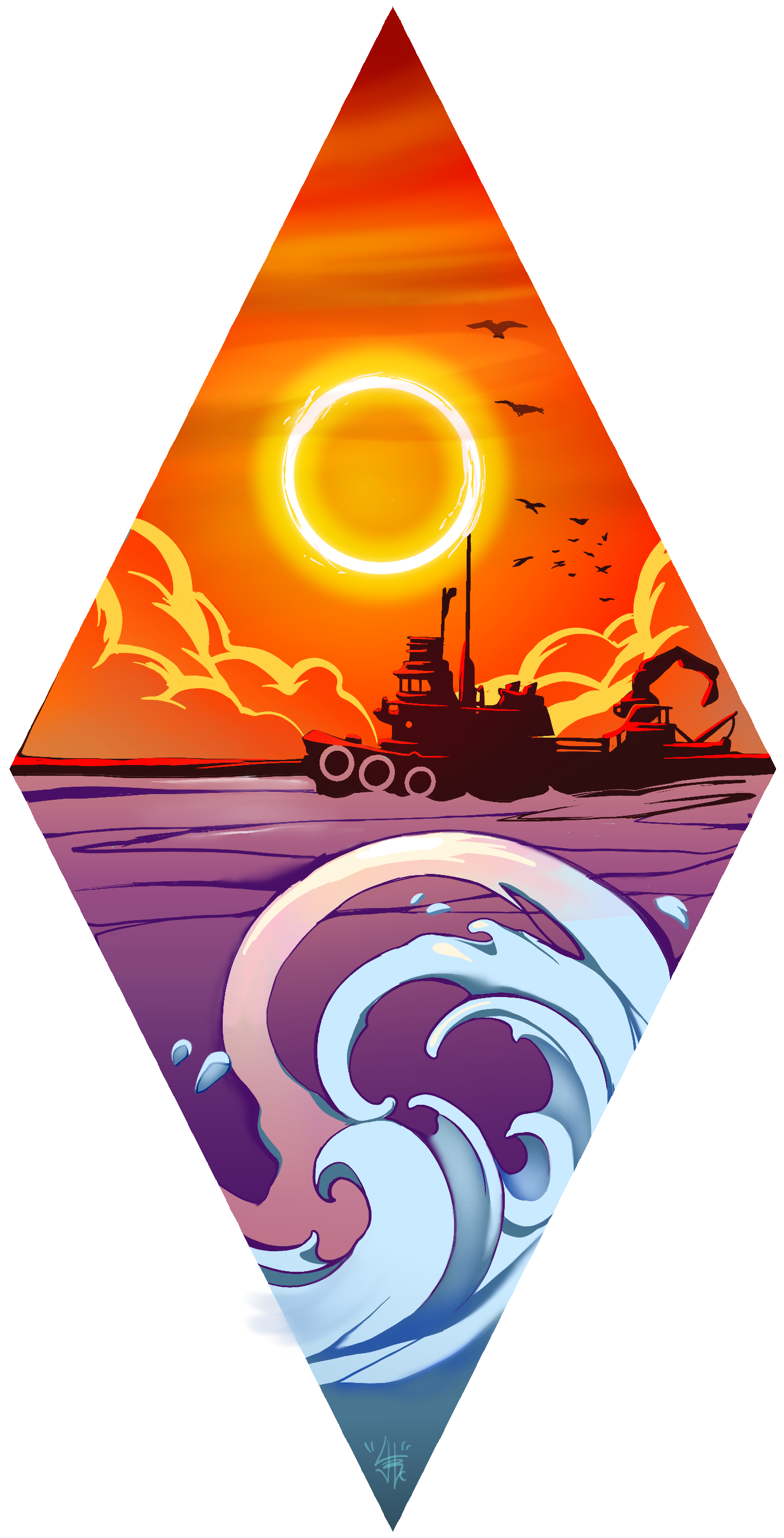 Stylized sunset harbor scene with fishing boats, flying seabirds, glowing sun, and curling ocean waves in a diamond-shaped illustration