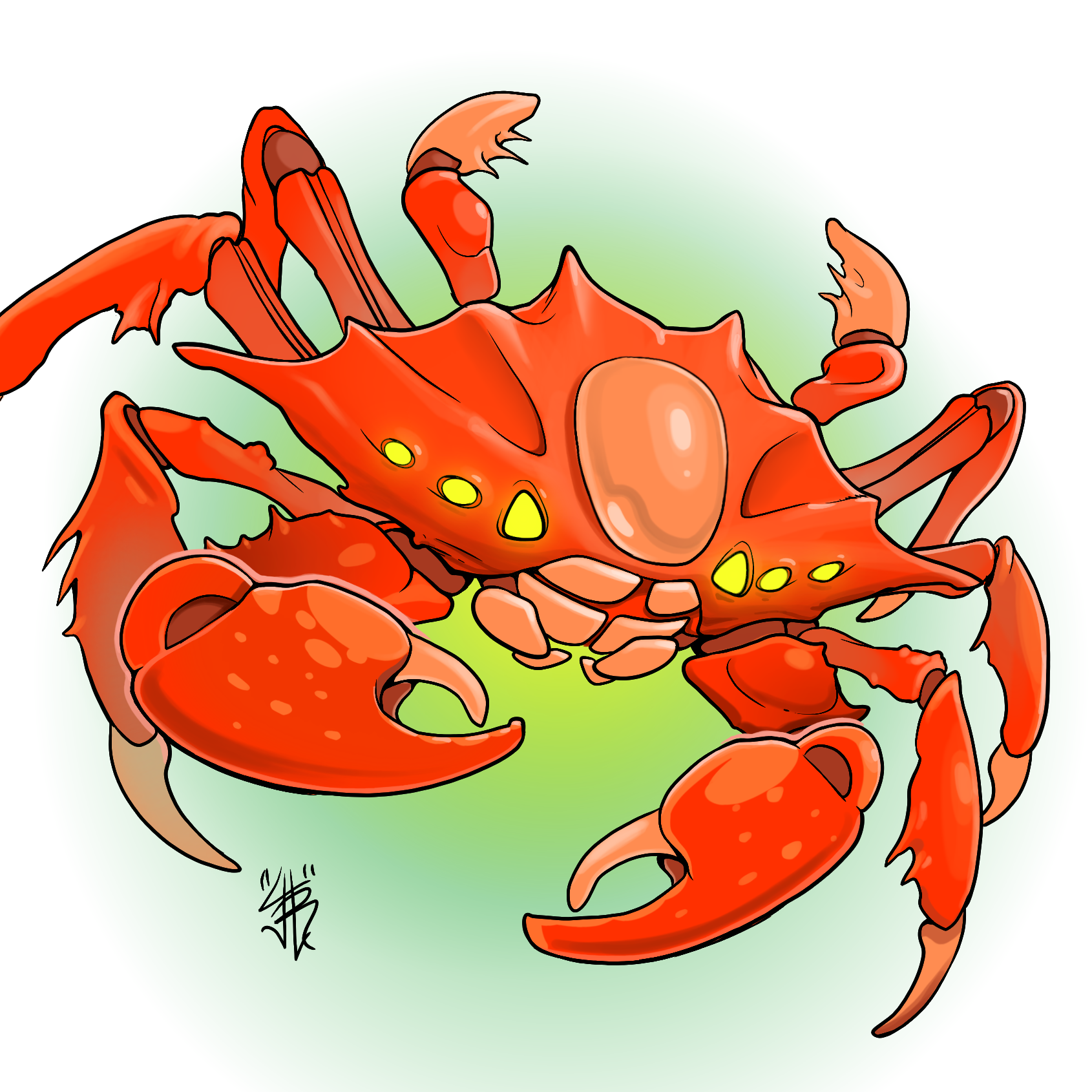 Colorful cartoon illustration of a bright orange crab with large claws, legs, spiky shell, and yellow eyes.