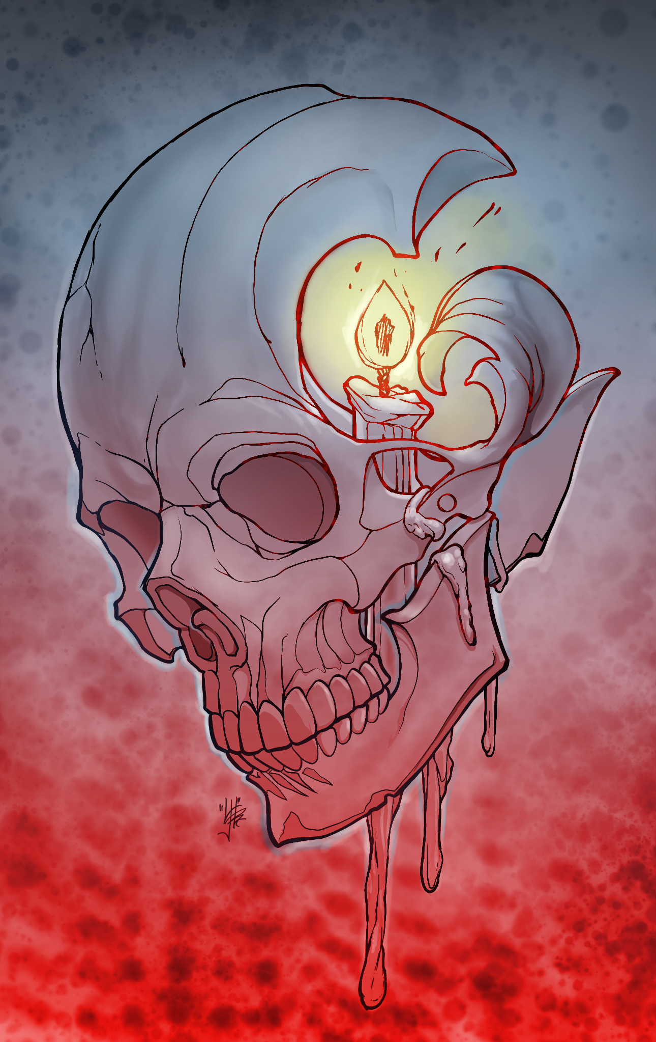 Gothic anatomical illustration of a human skull with exposed brain, glowing candle flame, and dripping blood against a red and gray background