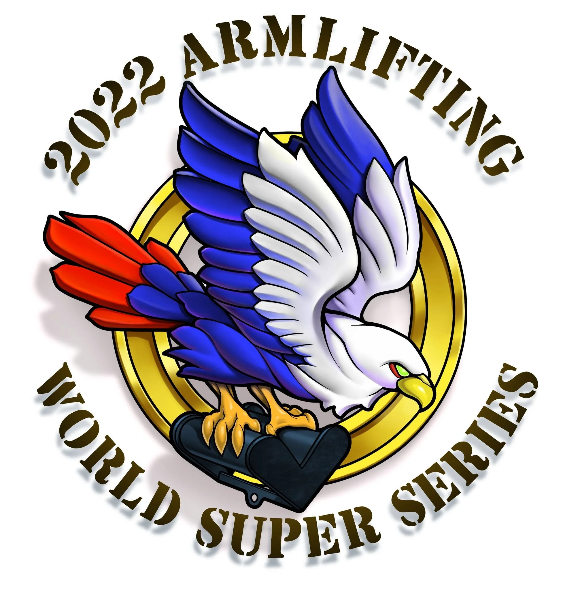 Illustration of a white and blue eagle with red tail feathers perched on a black firearm, surrounded by a gold ring and the words “ARMILITIA,” “WORLD SUPER,” and “FIREARMS.”