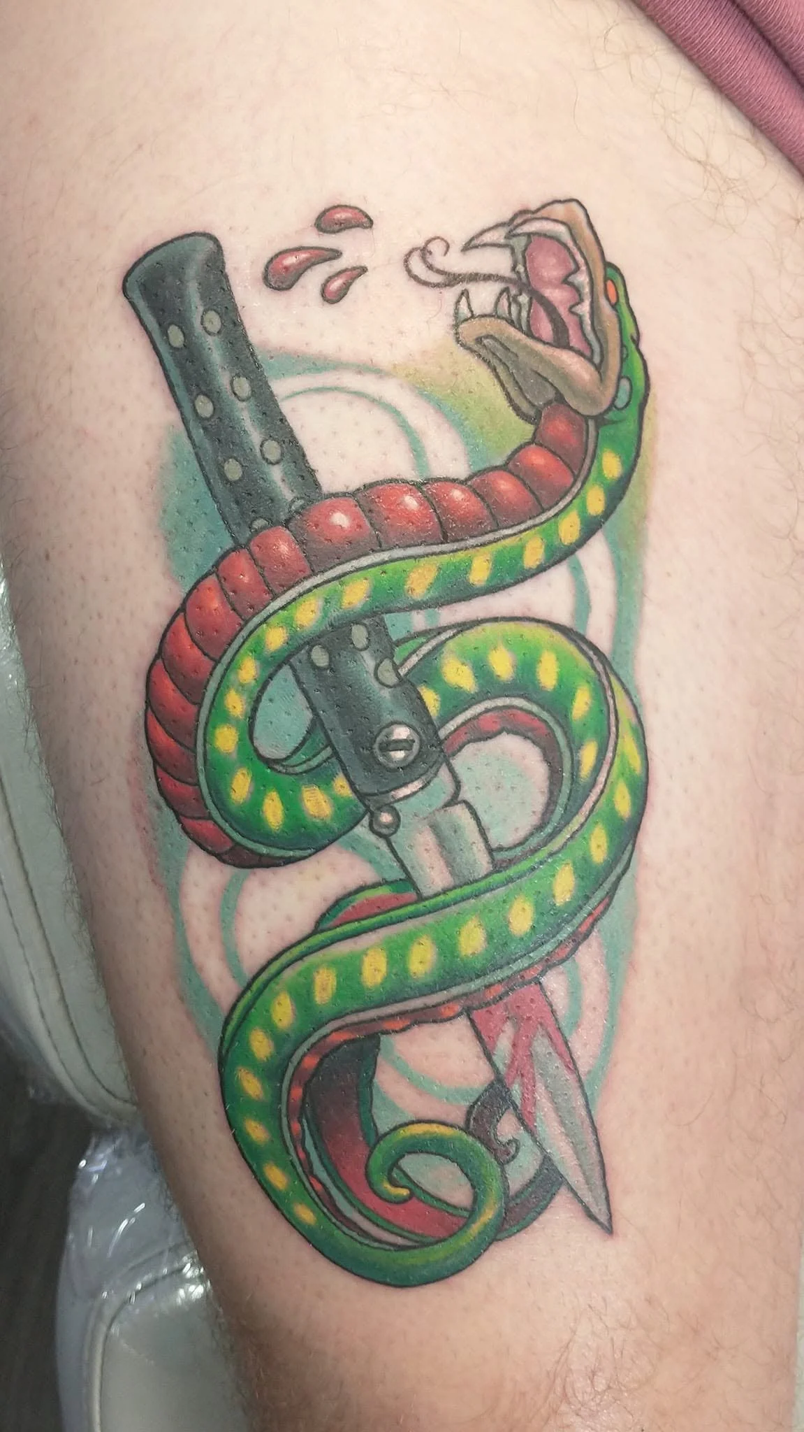 Colorful tattoo of a green, yellow-spotted snake coiled around a gray dagger with a red handle and open-mouthed head.