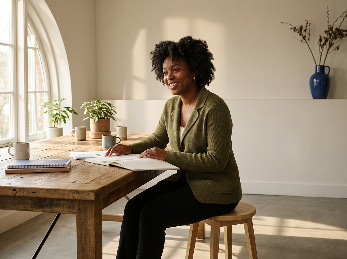 A woman with curly hair sitting at a wooden table in a well-lit room, smiling, with notebooks, papers, and coffee mugs in front of her, and potted plants and a blue vase with branches in the background.