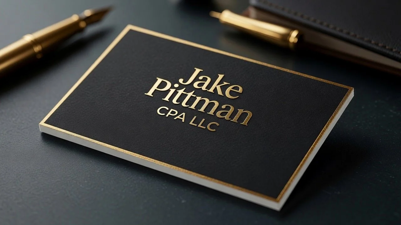 Business card for Jake Pittman CPA LLC, with black background and gold text, placed on a dark surface with a gold pen nearby.