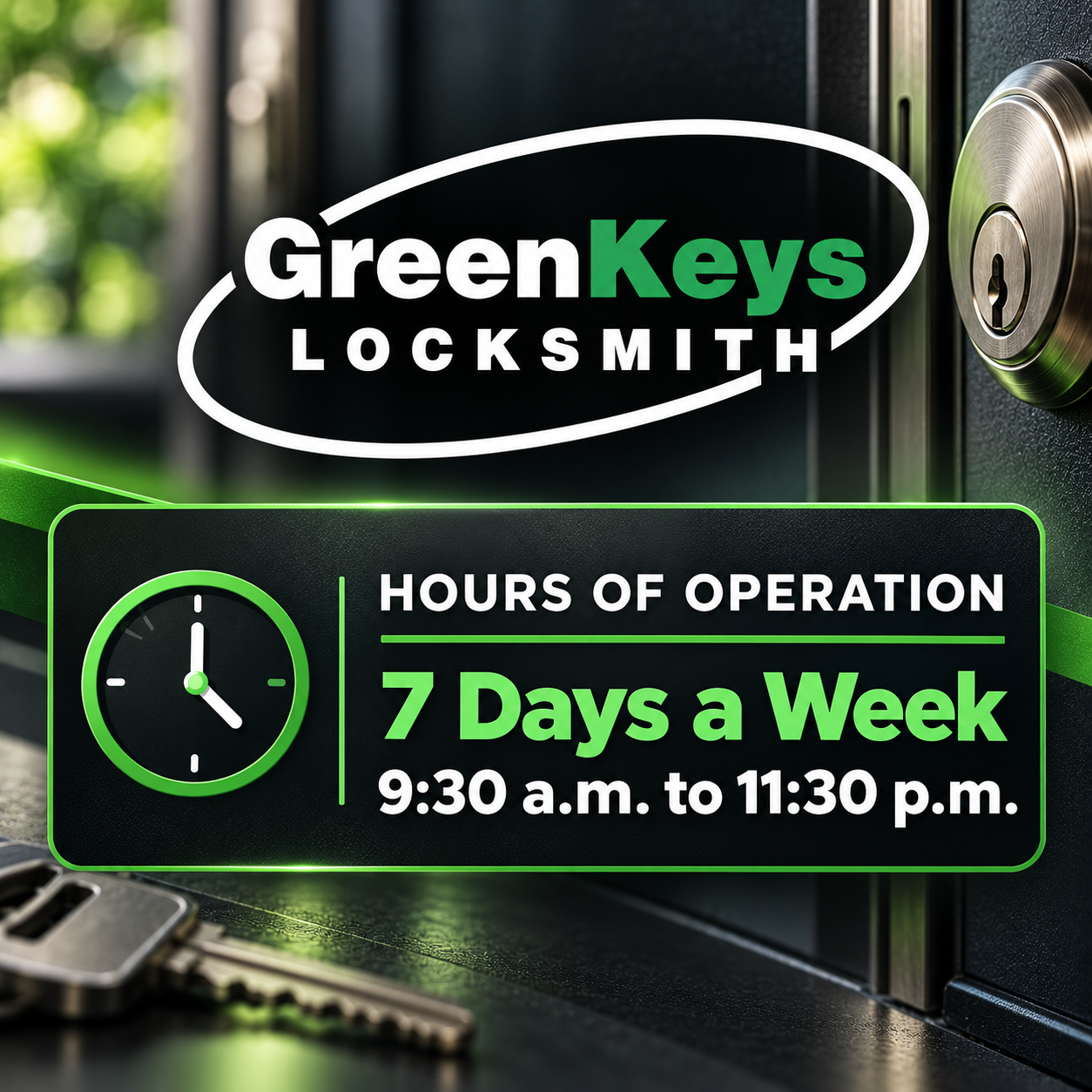 GreenKeys Locksmith hours of operation: 7 days a week, 9:30 a.m. to 11:30 p.m.
