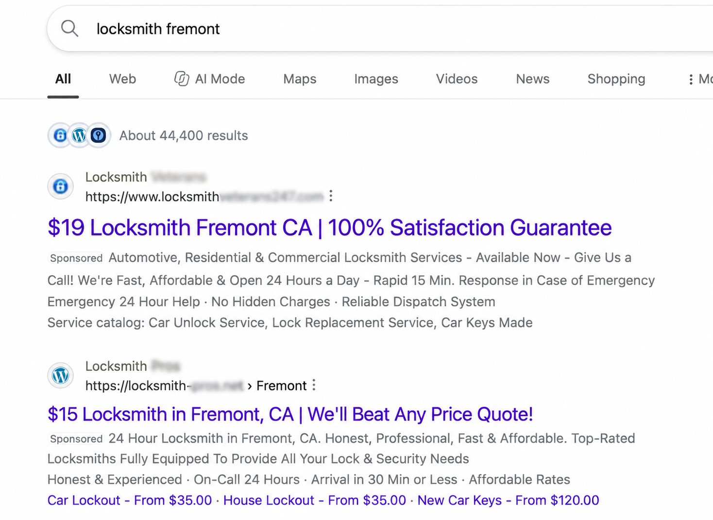 Real Google ads for 'locksmith Fremont' showing $19 and $15 locksmith offers, 24-hour claims, and a 'dispatch system' — with the company names blurred out.