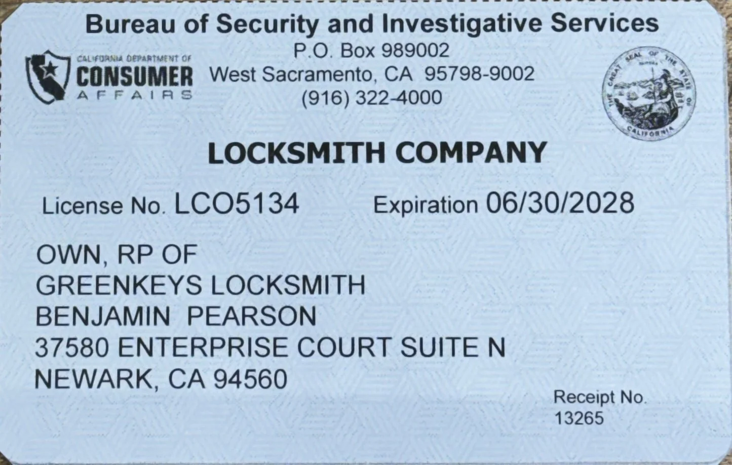 GreenKeys Locksmith California BSIS license LCO 5134