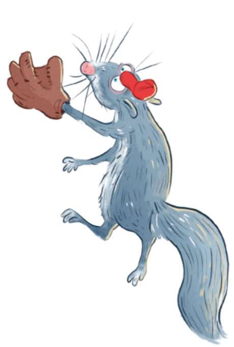 Illustration of a blue-gray cartoon bird-like creature with a long tail, red beak, white feathered crest, and raised webbed foot.