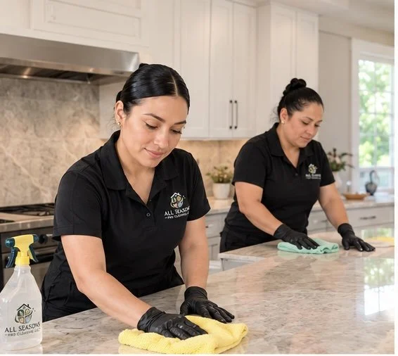 All Seasons Pro Cleaning team cleaning a kitchen countertop in Seattle