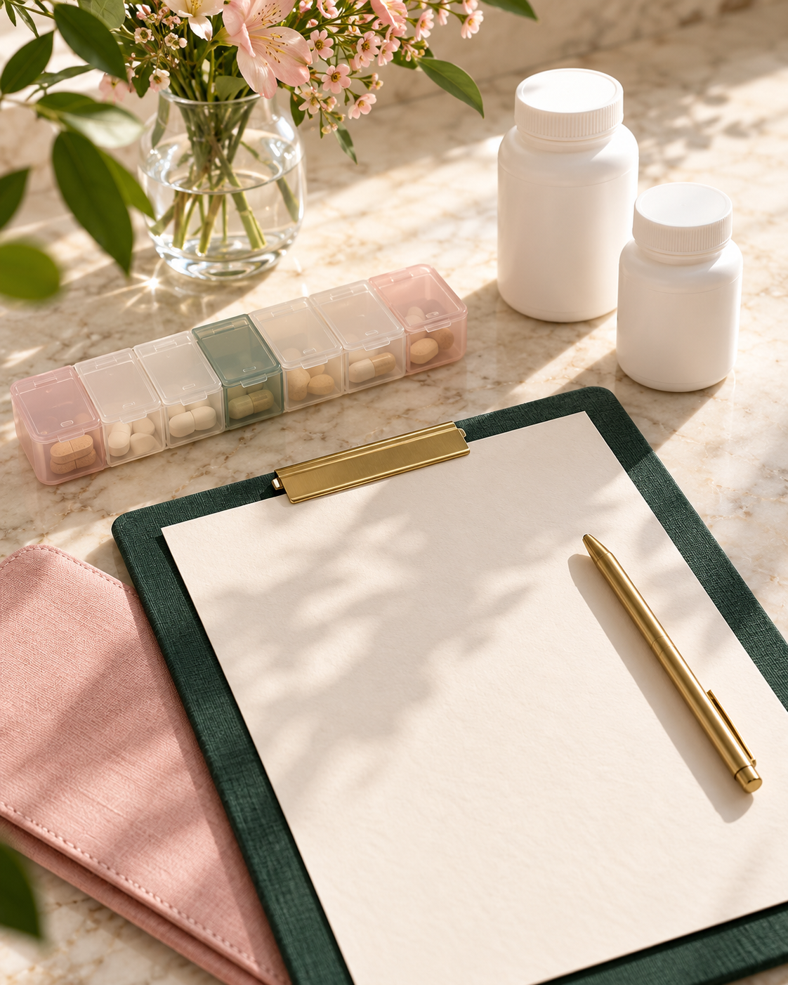 A marble countertop with a vase of pink and white flowers, two white pill bottles, a plastic pill organizer with various pills, a gold pen on a clipboard with blank paper, and a pink cloth pouch.