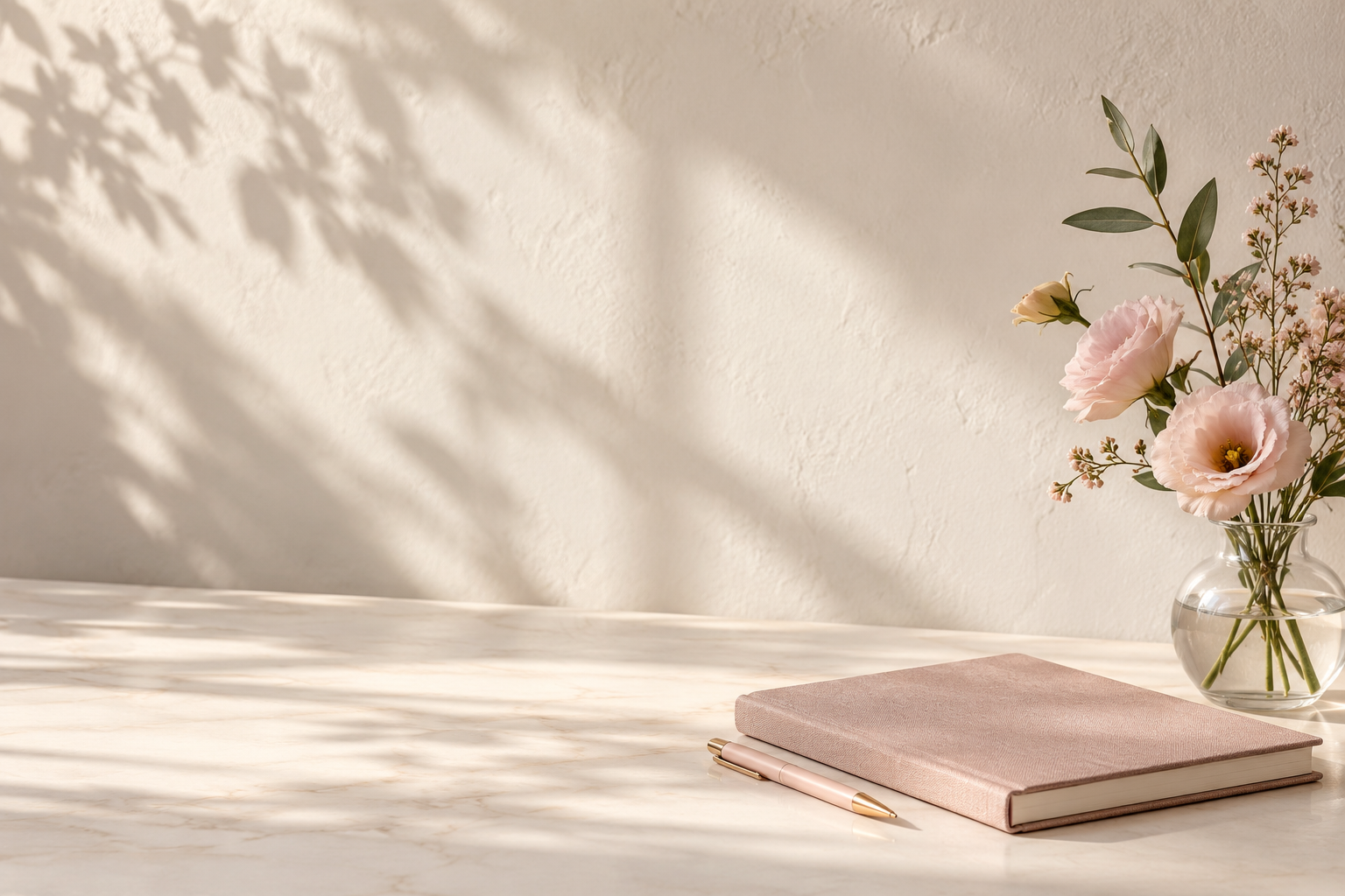 A pink notebook and pen on a marble table with a glass vase of pink flowers and green leaves, sunlight casting shadows.