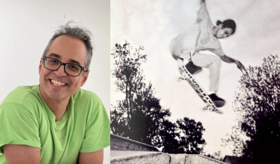 Split image featuring a smiling man in a bright green shirt and a black-and-white skateboarder performing an aerial trick.