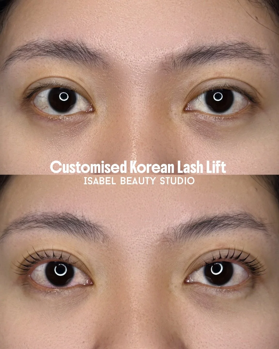 Before-and-after close-up of a customized Korean lash lift showing naturally curled, lifted eyelashes at Isabel Beauty Studio
