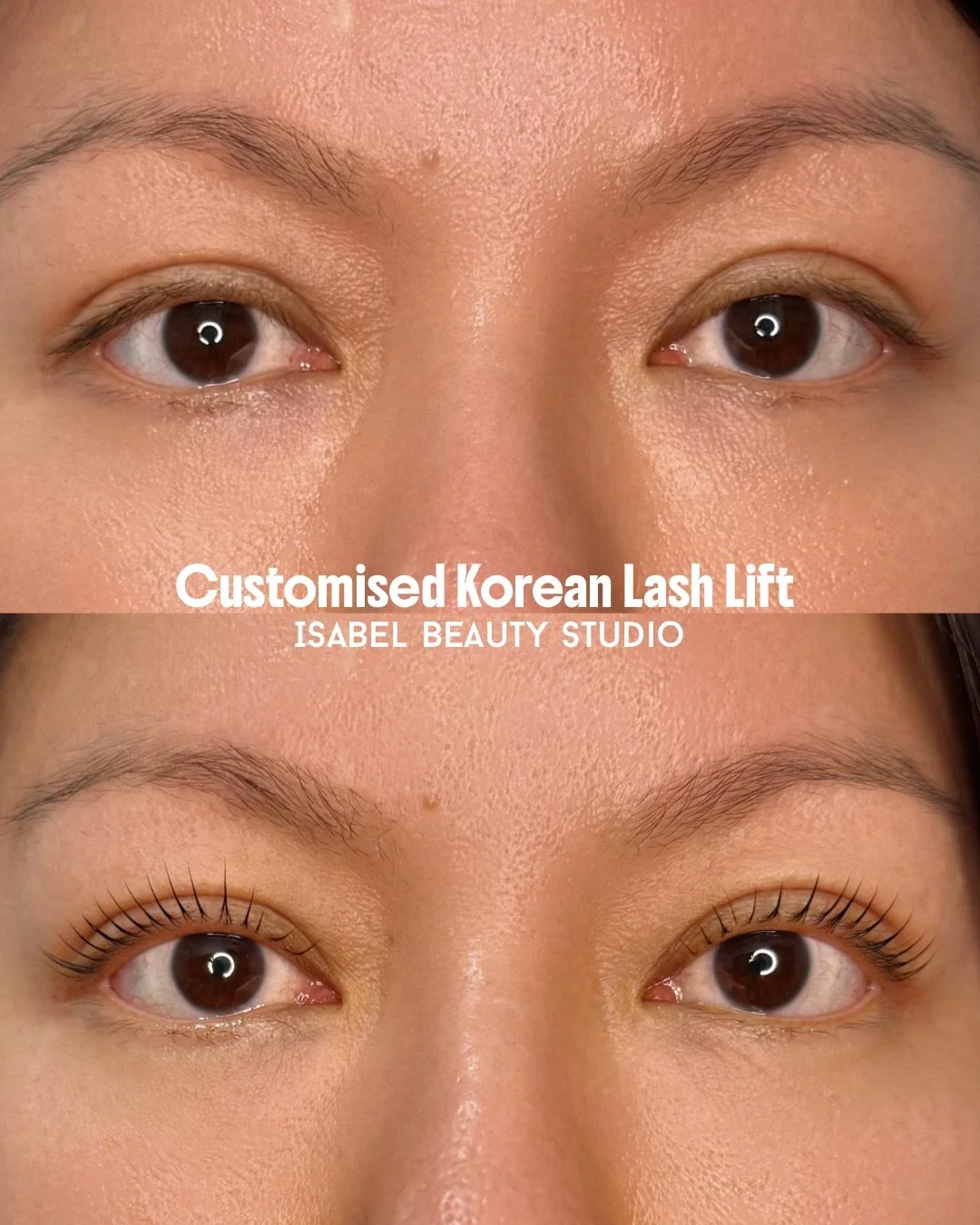 Before-and-after close-up of a customized Korean lash lift, showing naturally curled lashes by Isabel Beauty Studio.