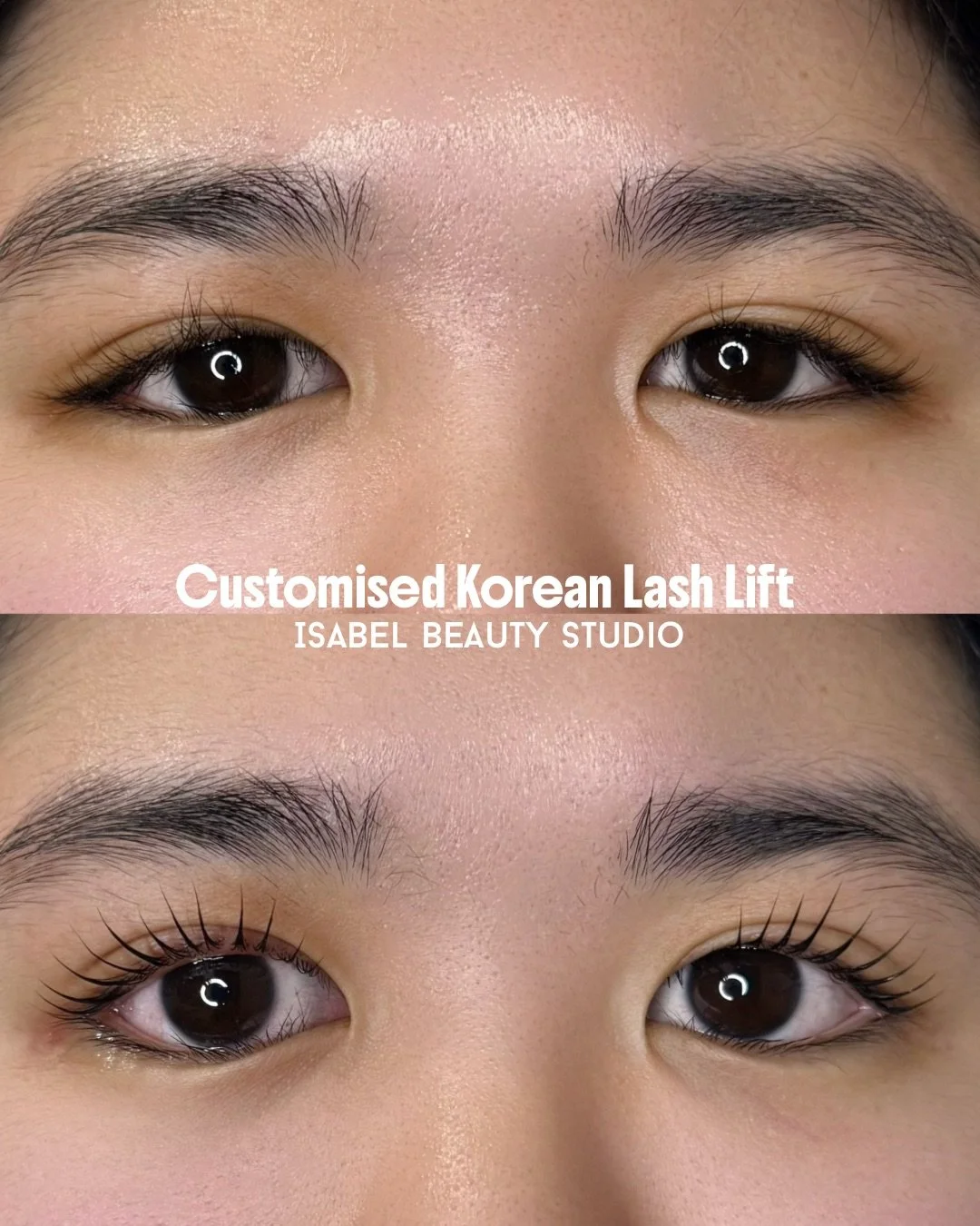 Before-and-after close-up of customized Korean lash lift results at Isabel Beauty Studio.
