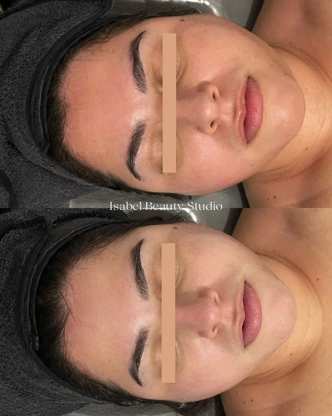 Before-and-after close-up of a woman’s face showing smoother, more defined eyebrows at Isabel Beauty Studio.