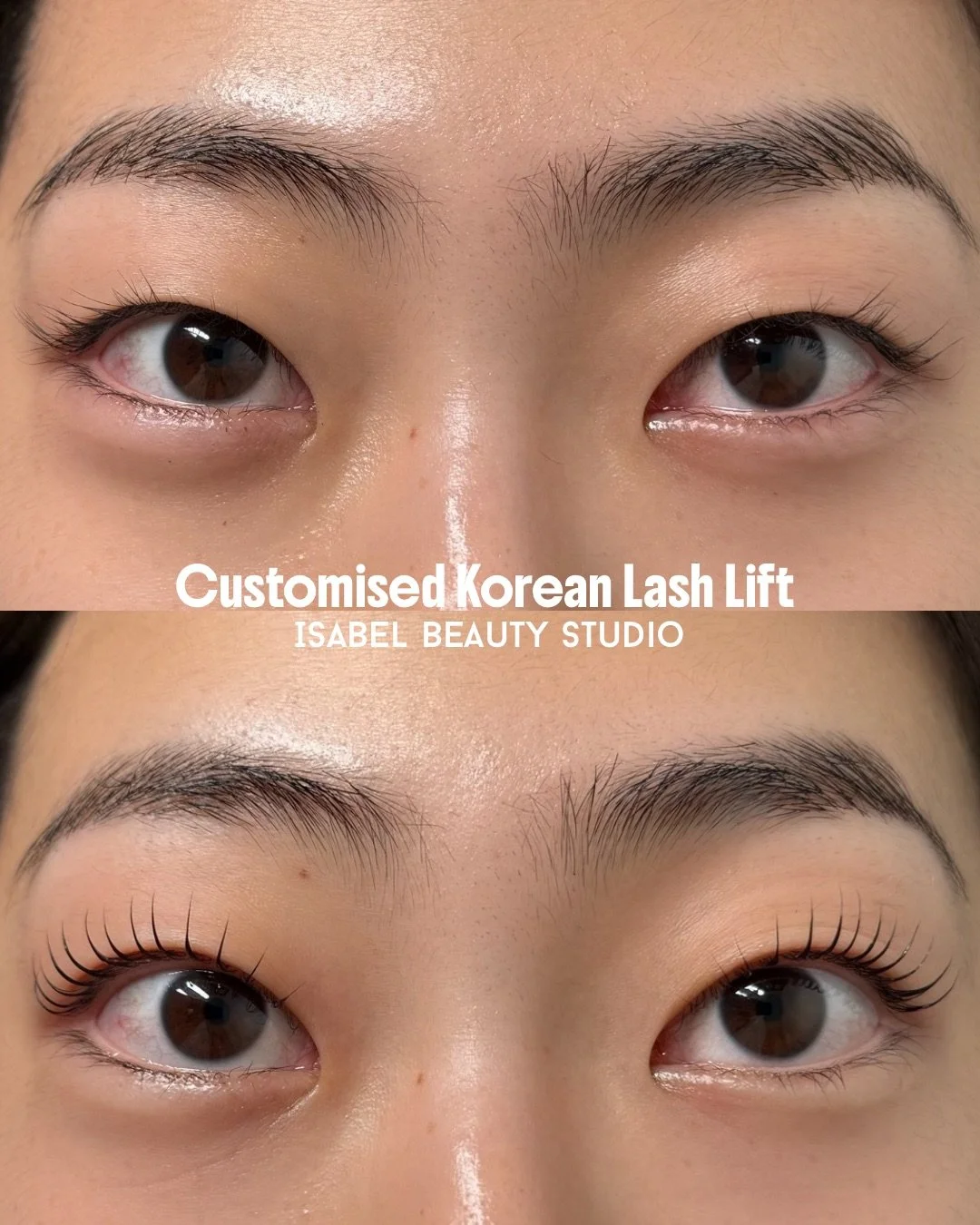 Before-and-after close-up of a customized Korean lash lift showing curled eyelashes on a client at Isabel Beauty Studio