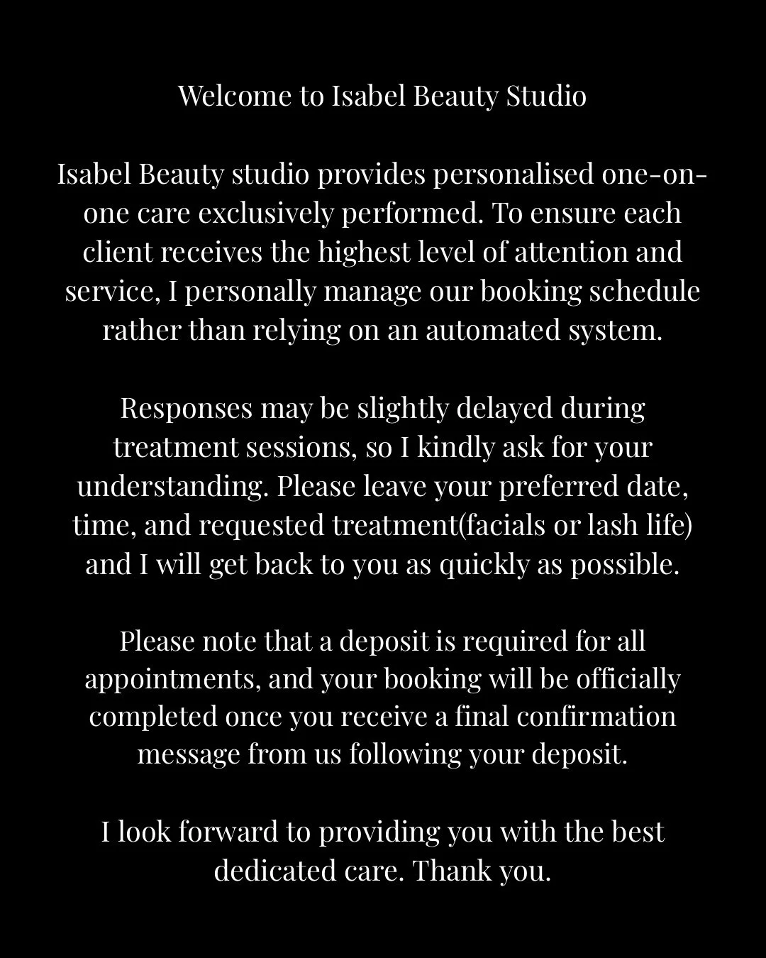 Isabel Beauty Studio booking information and personalized beauty treatment service policy on a black background