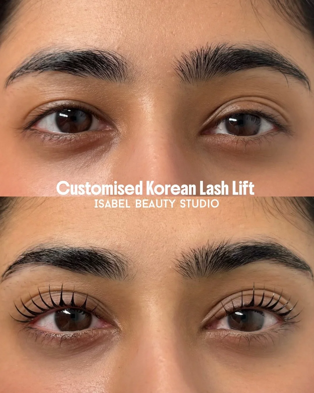 Before-and-after close-up of customized Korean lash lift, showing natural and curled eyelashes at Isabel Beauty Studio