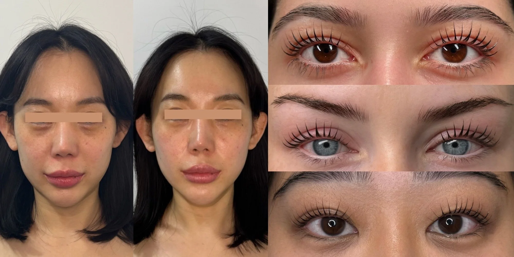 Before-and-after beauty collage showing fuller, curled eyelashes and close-up lash lift results on models with brown and blue eyes