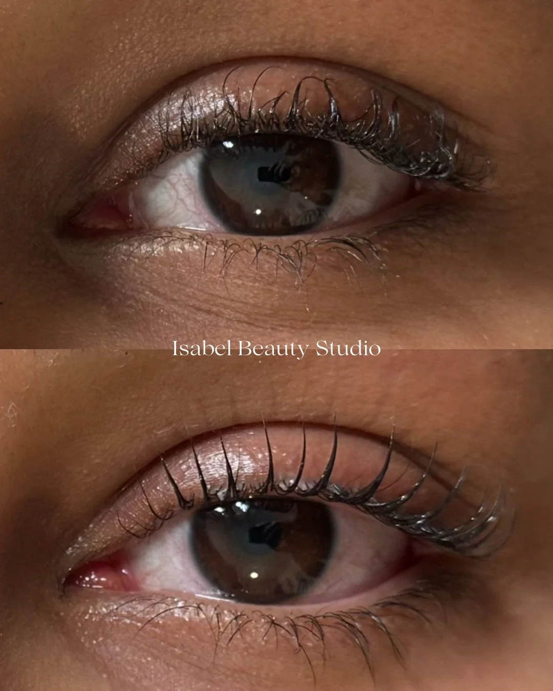 Before-and-after close-up of a brown eye showing a dramatic eyelash lift and curled upper lashes by Isabel Beauty Studio