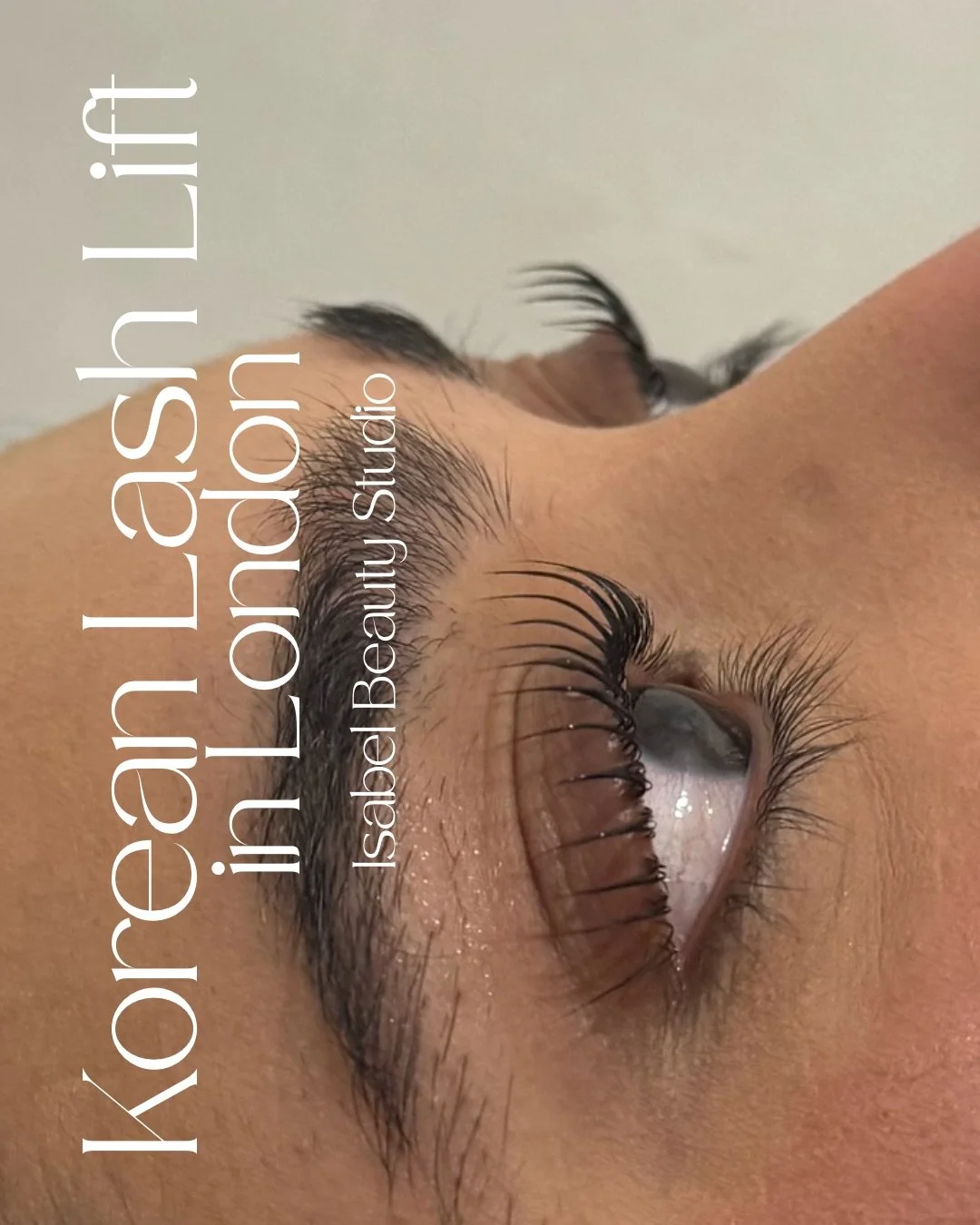 Close-up of a client's eye with dramatic eyelash extensions and groomed eyebrow at Isabel Beauty Studio.