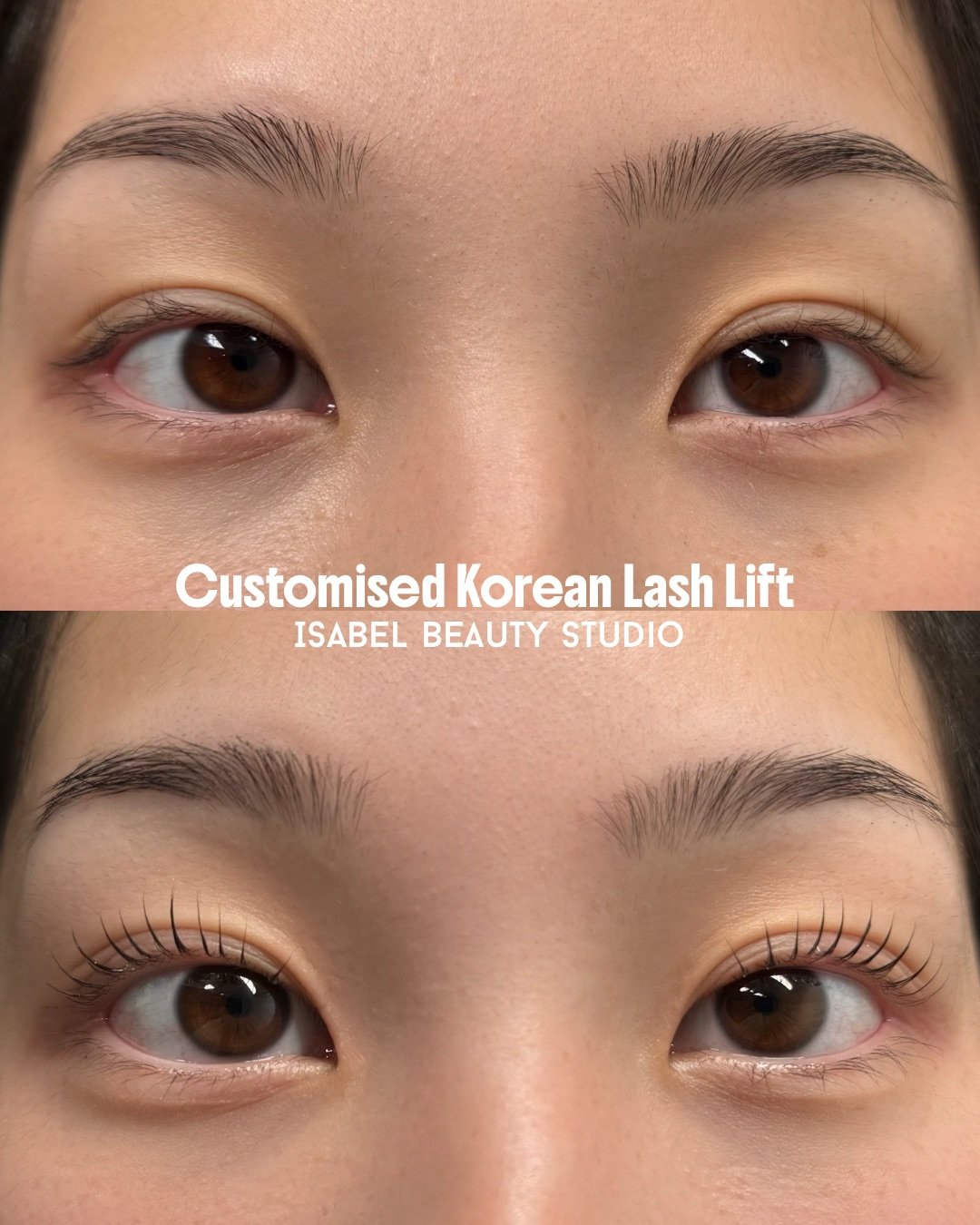 Before-and-after close-up of customized Korean lash lift showing natural lashes transformed into curled, defined lashes, with Isabel Beauty Studio text.