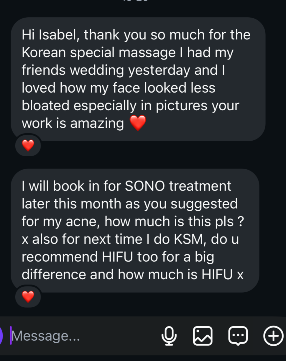 Screenshot of a text message thanking Isabel for a Korean special massage and asking about pricing for SONO acne treatment and HIFU facial treatment.