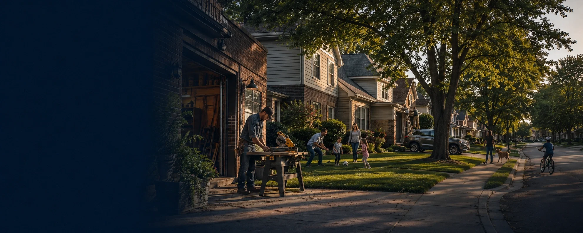 Fenton neighborhood with families, homes, a new car and a local contractor at work