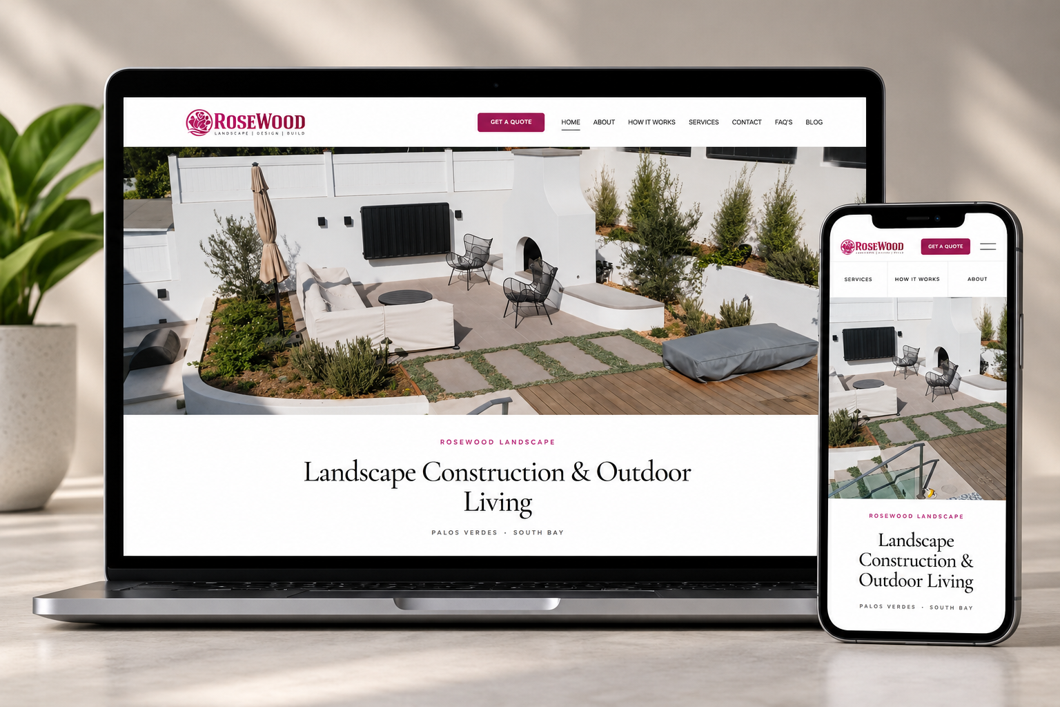 Rosewood Landscape responsive website redesign by Valcedo Solutions, displayed on a laptop and smartphone.