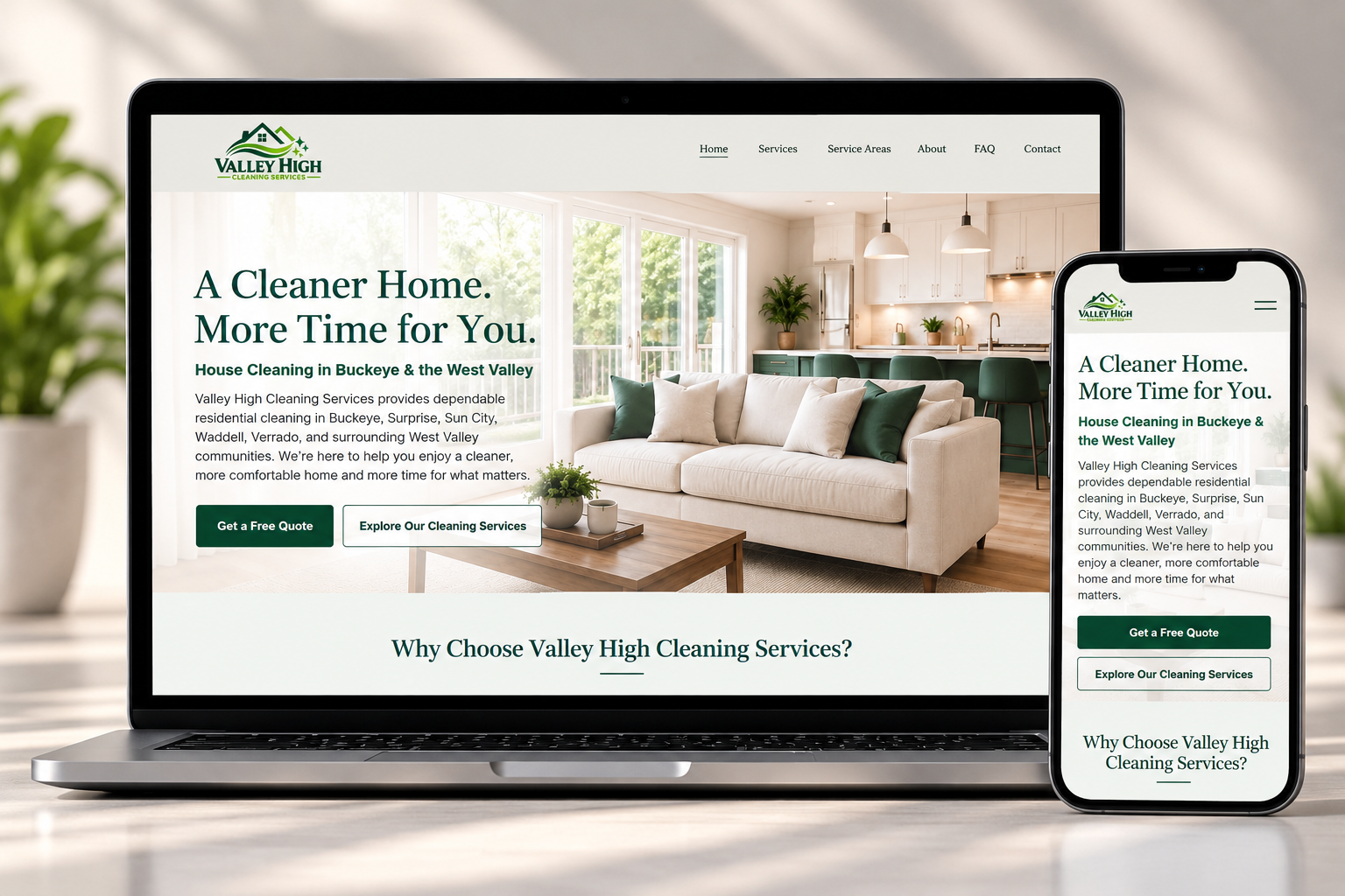 Valley High Cleaning Services website designed by Valcedo Solutions, shown in desktop and mobile layouts.