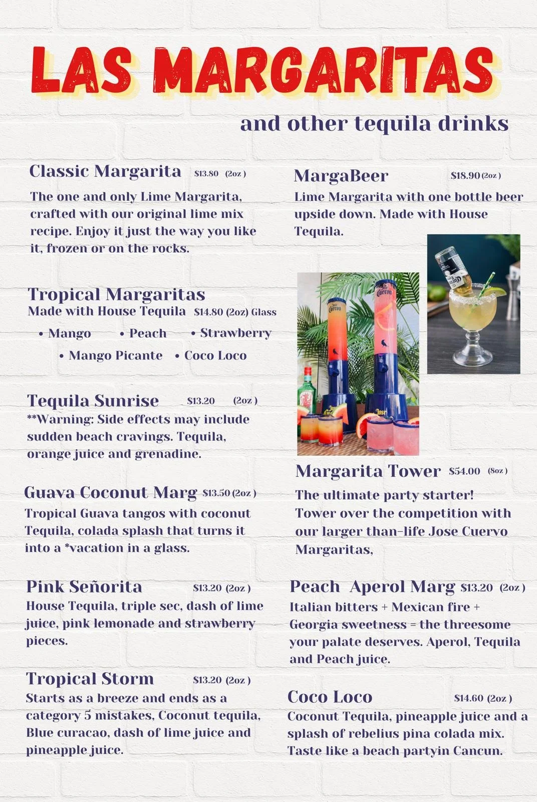 Las Margaritas tequila drinks menu featuring margarita descriptions, prices, tropical flavors, and photos of colorful margaritas.