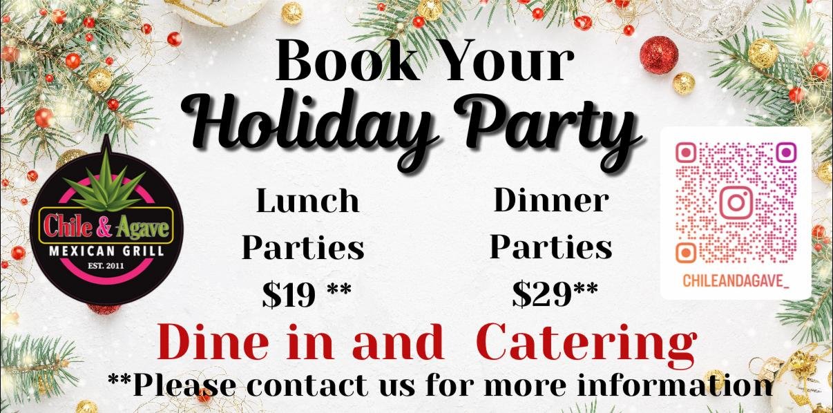 Chile & Agave Mexican Grill holiday party promotion featuring $19 lunch parties, $29 dinner parties, dine-in and catering, and an Instagram QR code.