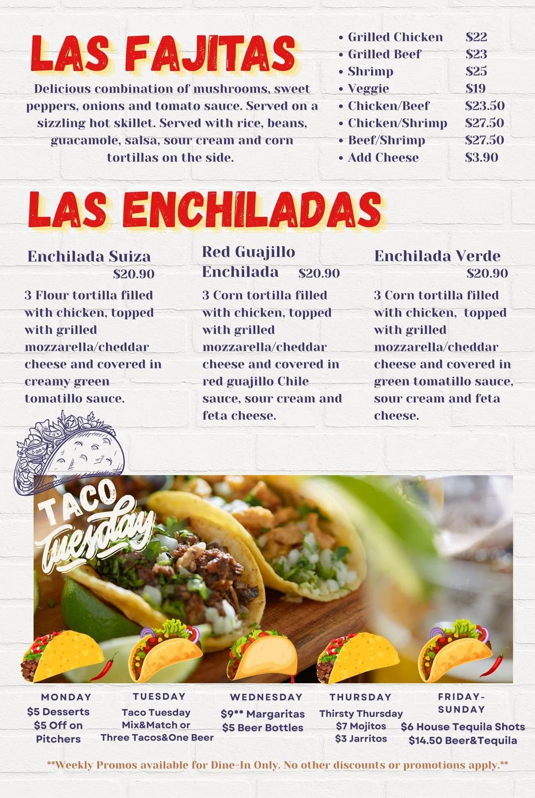 Mexican restaurant menu featuring fajitas, enchiladas, taco Tuesday specials, and weekly drink promotions.