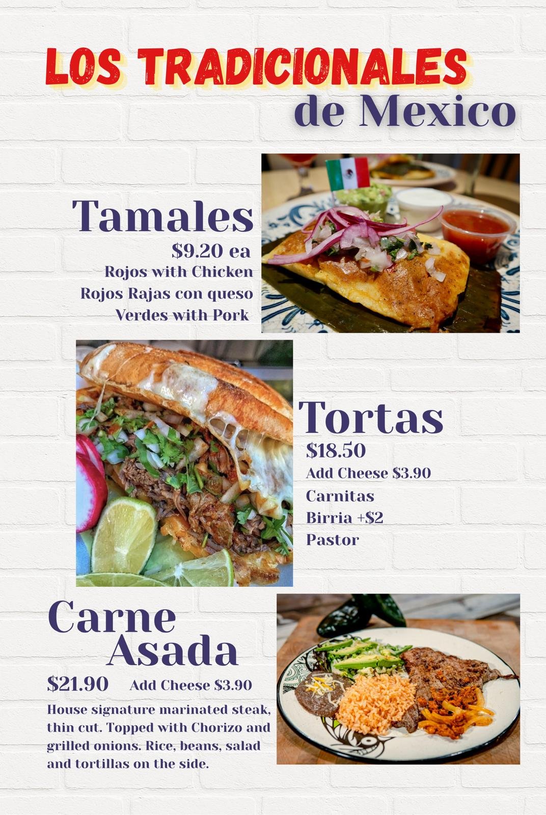 Mexican restaurant menu featuring tamales, tortas, and carne asada with prices and food photos