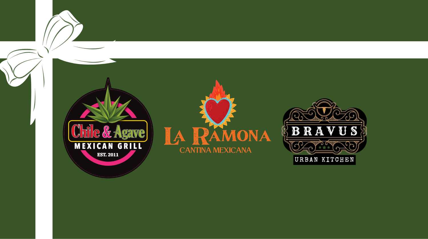 Mexican restaurant logos for Chile & Agave Mexican Grill, La Ramona Cantina Mexicana, and Bravus Urban Kitchen on a dark green background