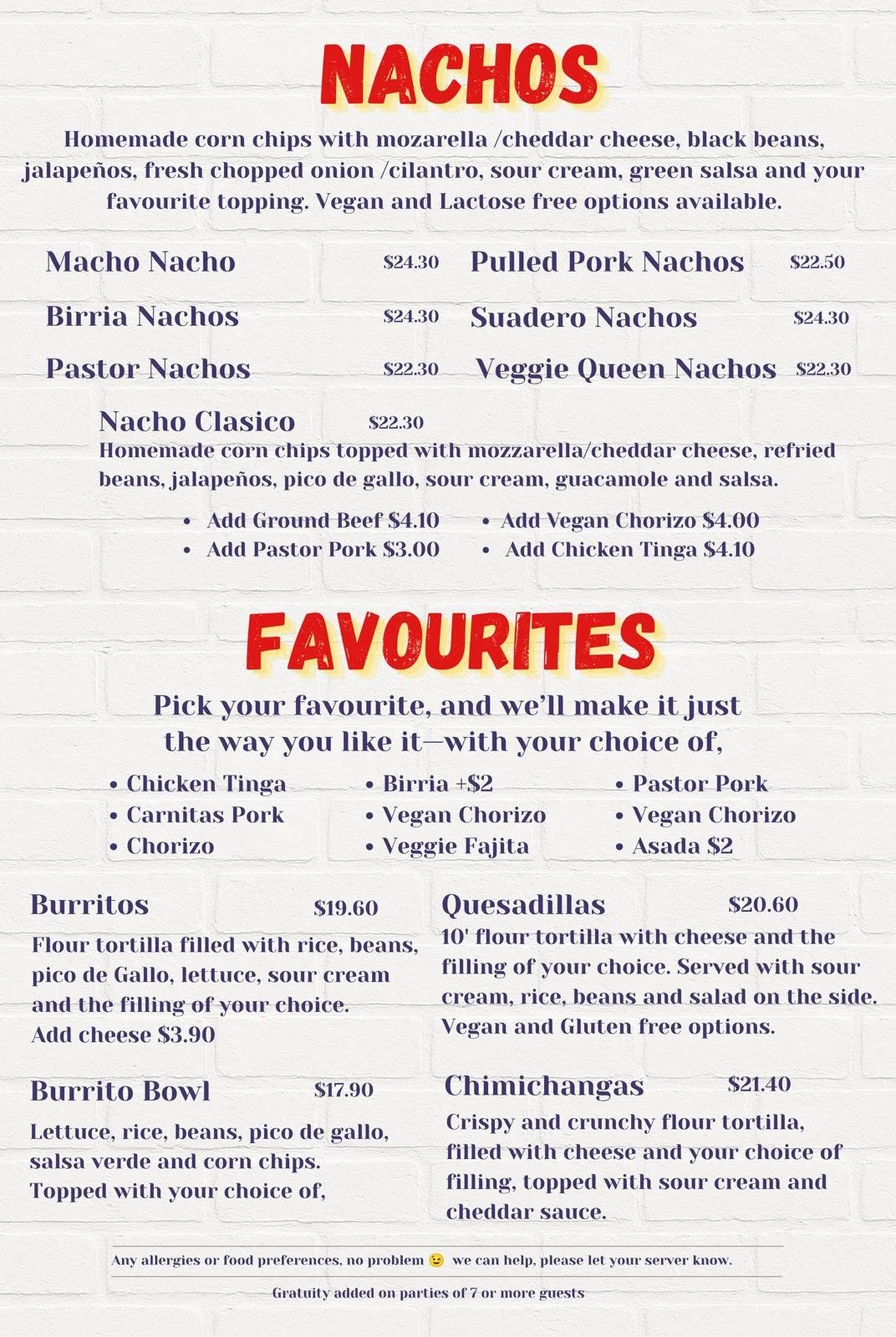 Mexican restaurant menu featuring nachos, burritos, quesadillas, burrito bowls, and chimichangas with prices and filling options.