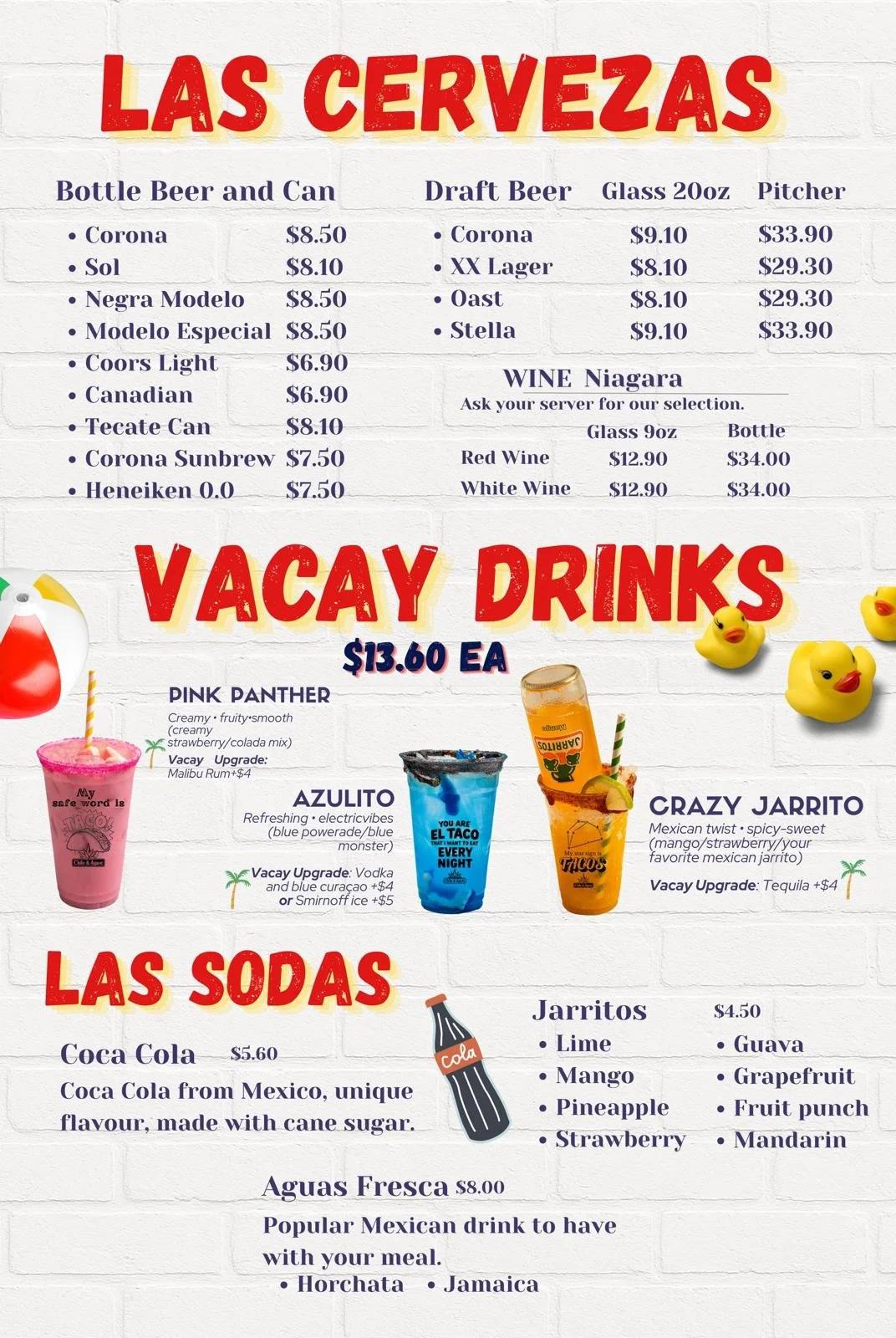 Mexican restaurant drink menu featuring beers, Niagara wine, vacation-themed cocktails, Jarritos, Coca-Cola, and aguas frescas