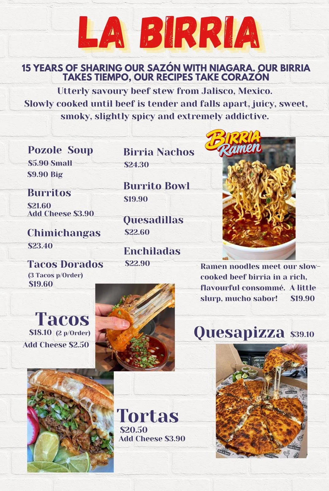 La Birria Mexican restaurant menu featuring beef birria dishes, tacos, ramen, quesapizza, tortas, burritos, pozole, and enchiladas with prices.