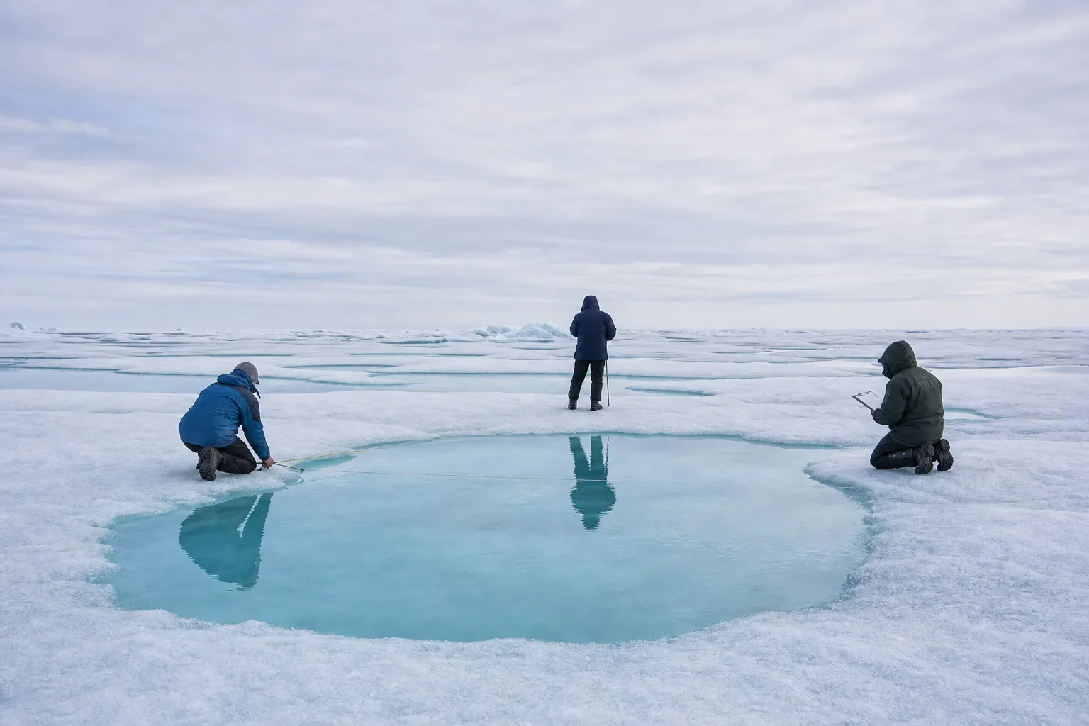 Three distant researchers measure a melt pond on sea ice.