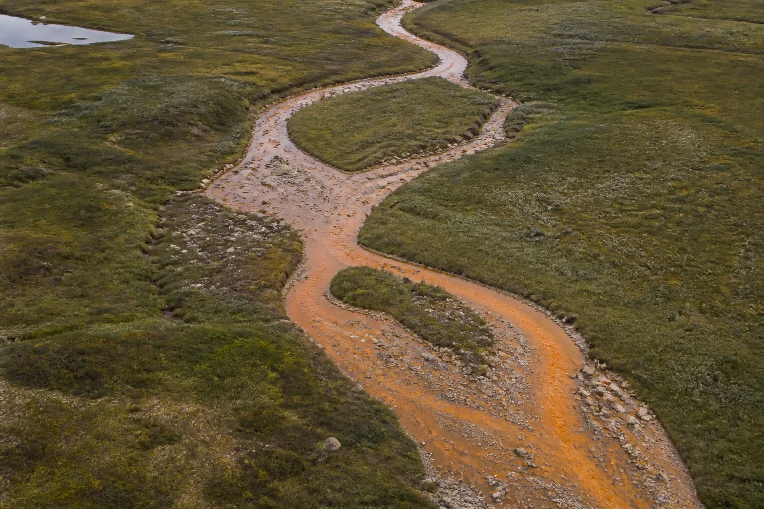 A winding Arctic stream carries orange mineral-rich water through tundra.
