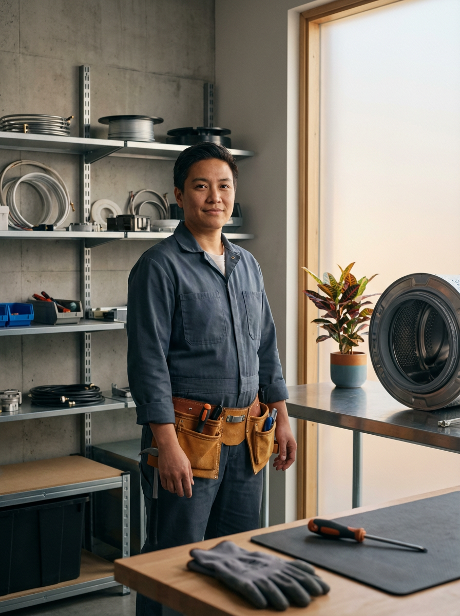 A woman in work overalls standing in a workshop next to a washing machine part, with tools and equipment on shelves and a potted plant nearby.
