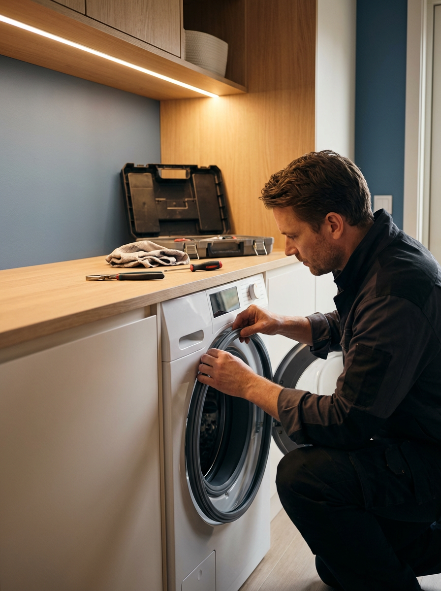 A man repairing a front-loading washing machine in a modern laundry room with blue and wood-paneled walls.