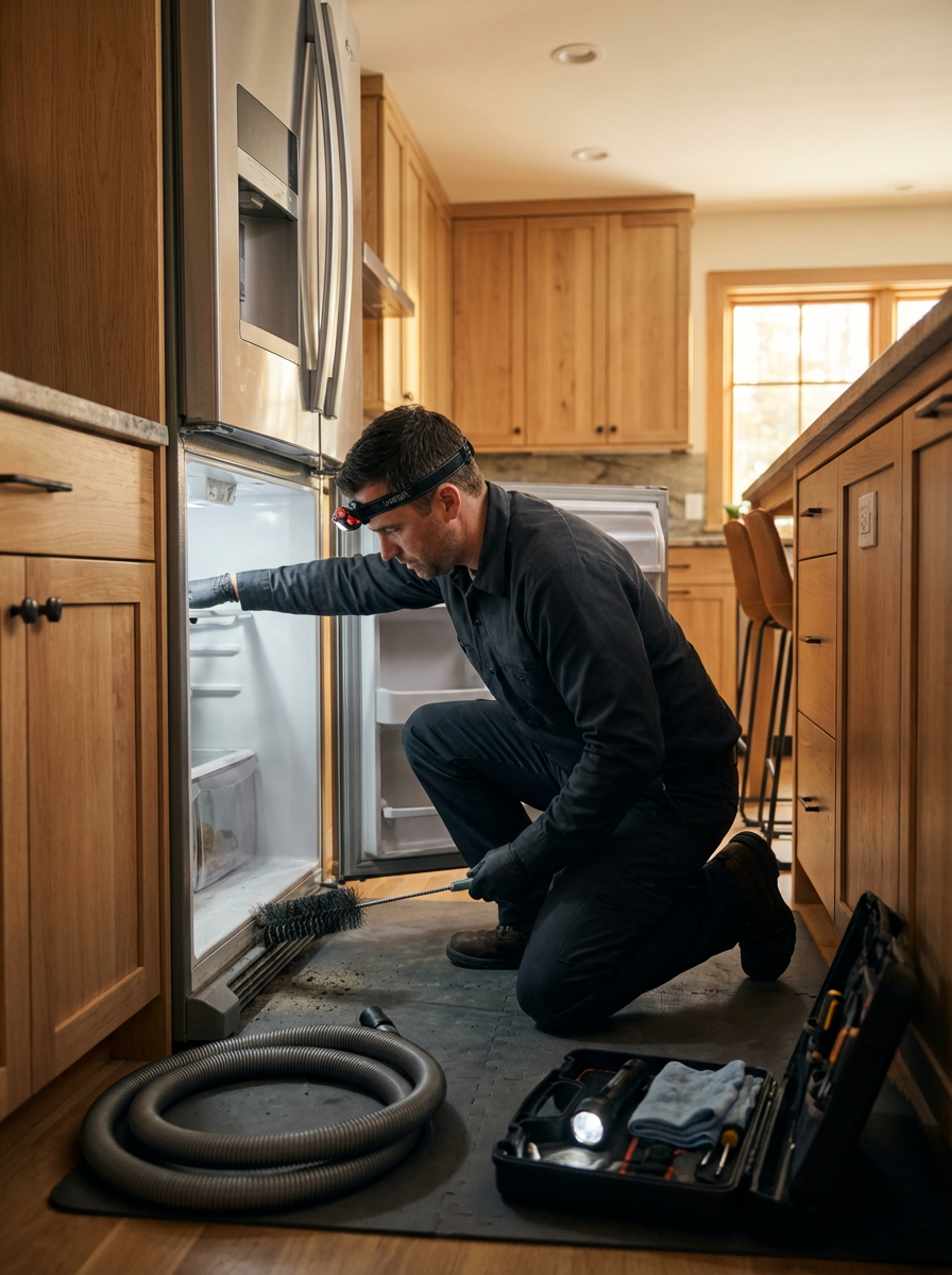 A pest control professional inspecting a refrigerator in a kitchen.