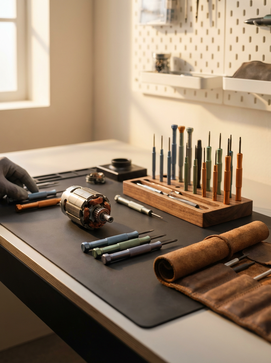 A workbench with various tools, including screwdrivers, a motor part, and a leather roll, in a workshop.