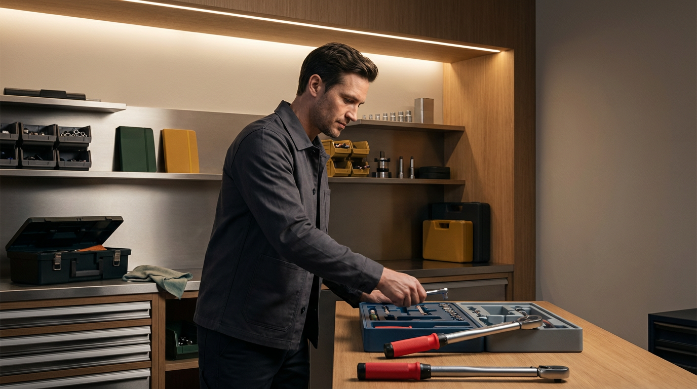 A man working in a workshop or garage, organizing tools inside a blue toolbox on a wooden workbench.