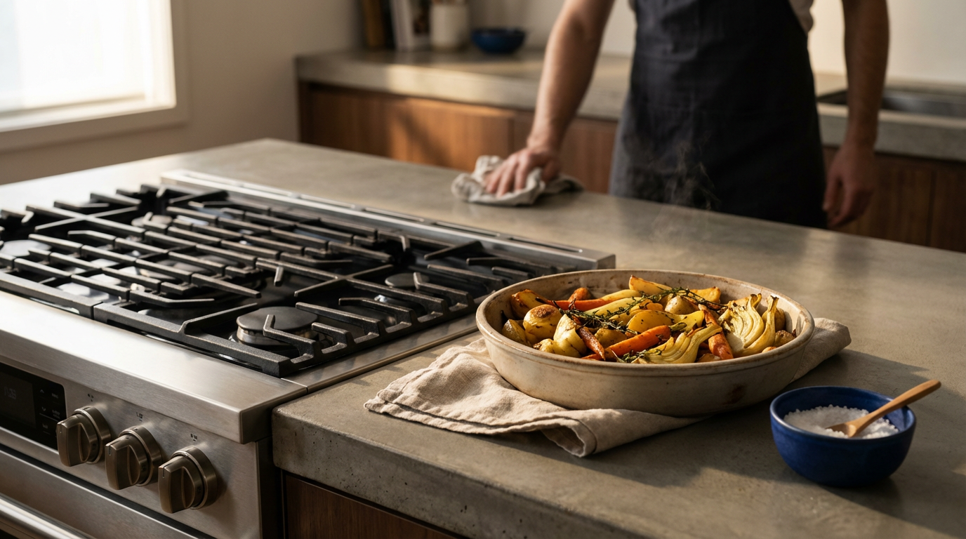 A person standing behind a kitchen counter with a bowl of roasted vegetables and a small bowl of salt nearby.