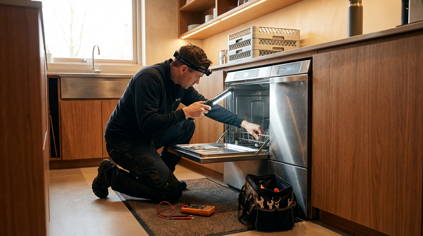 A technician kneeling on a rug inside a kitchen, inspecting the dishwasher with a flashlight. The kitchen features wooden cabinetry, a window above the sink, and a tool bag with tools on the floor.