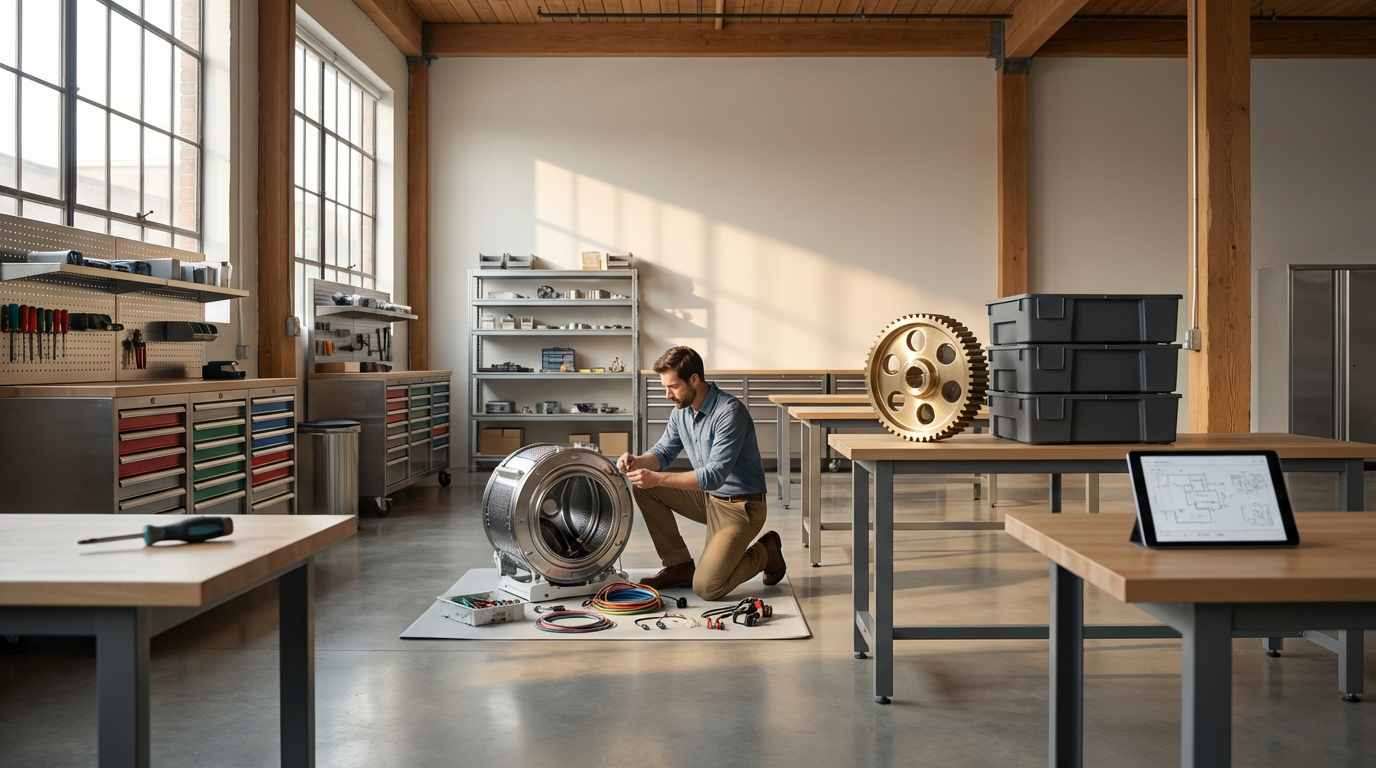 A man kneeling on the floor working on a large metallic mechanical part in a well-lit industrial workshop, with tables, shelves, and tools around him.