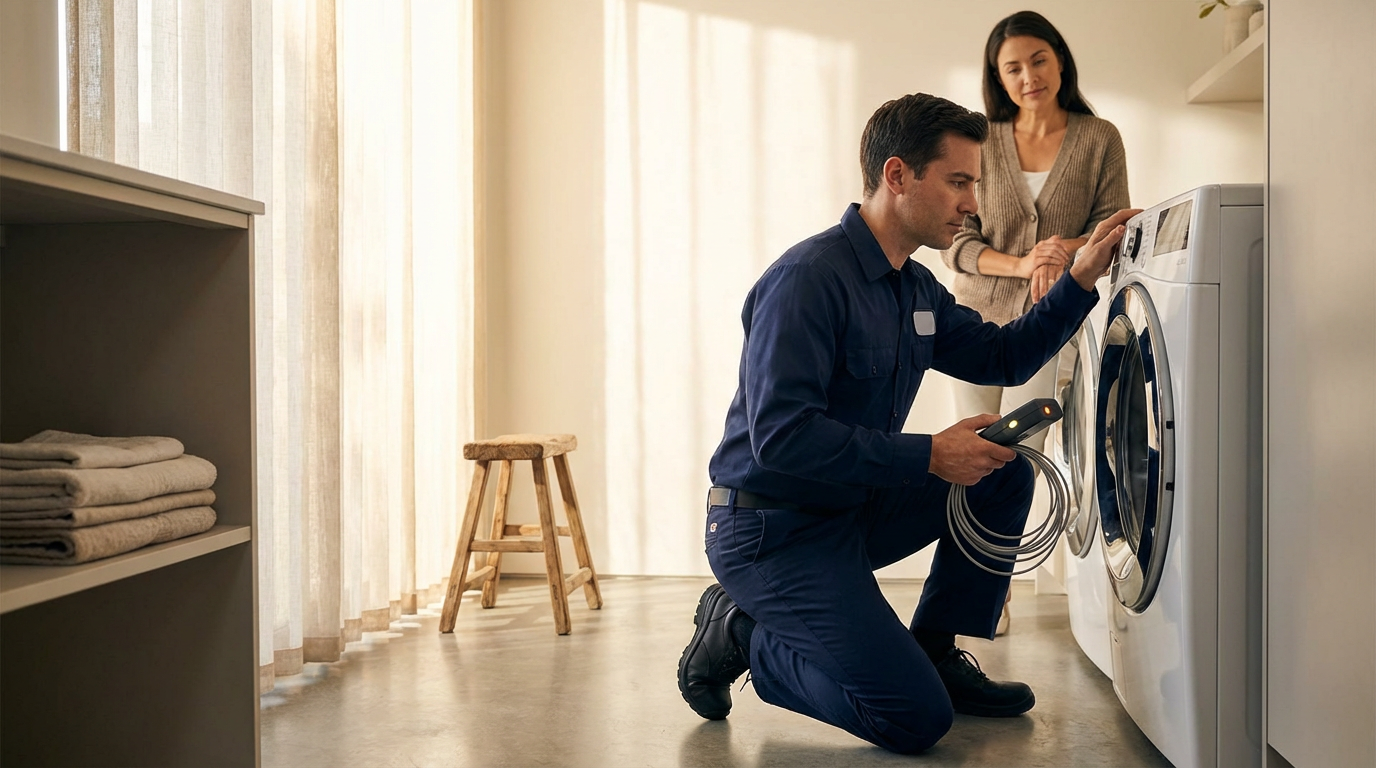 A repair technician kneeling in front of a washing machine, holding a device and inspecting it, while a woman stands nearby observing.