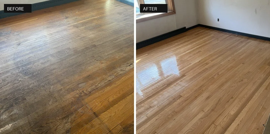 Side-by-side comparison of a wooden floor before and after refinishing, showing a transition from a worn, dull surface to a restored, shiny finish.